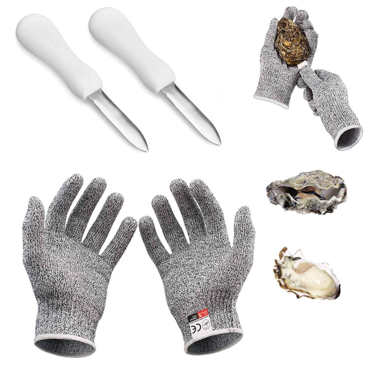 Oyster Shucking Knife, Oyster Knife Oyster Shucker 2 Pcs Shucking Knife and 1 Pair Oyster Gloves Shucking Cut Resistant Glove Knife Glove Oyster Shucking Kit Seafood Opener