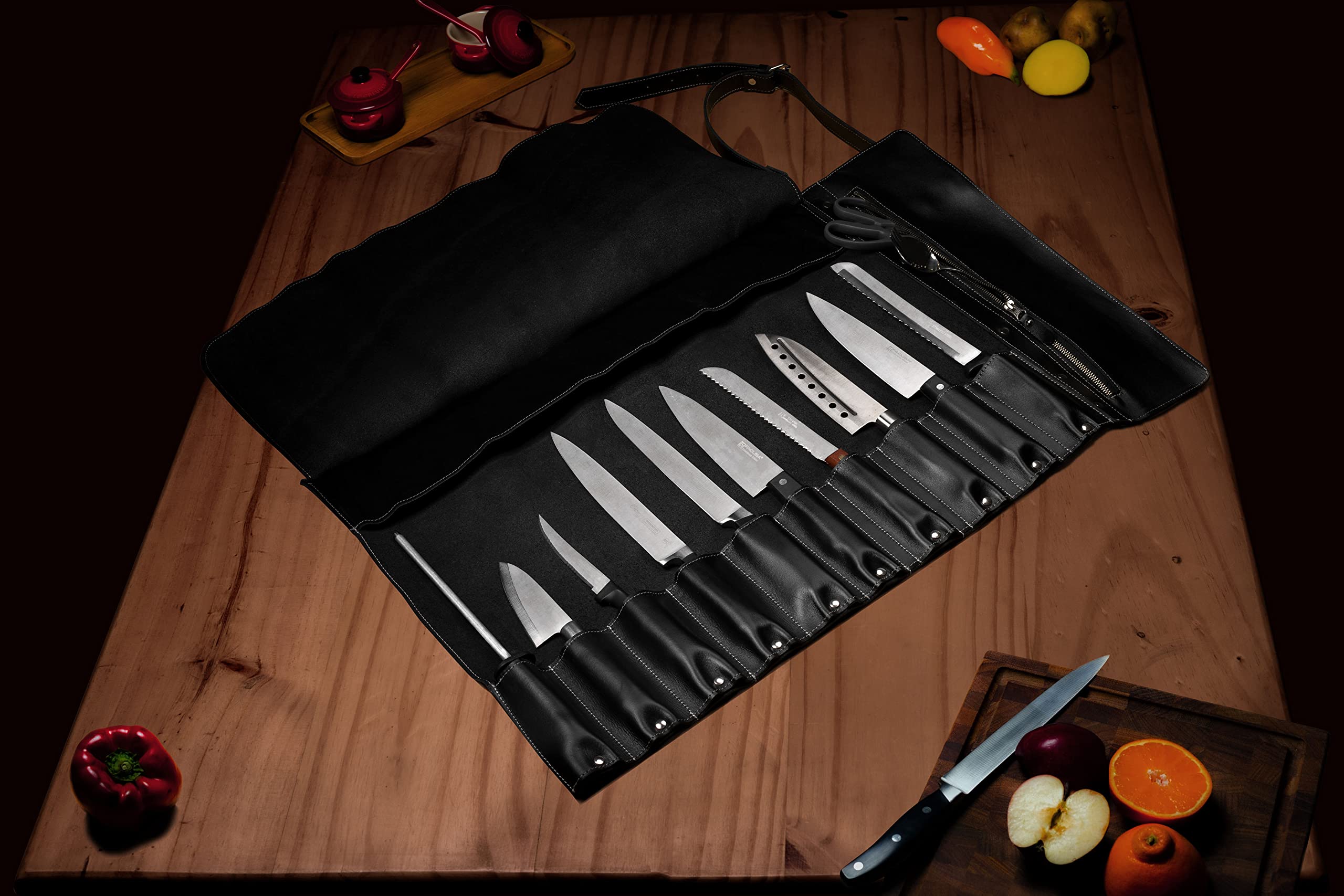 EVERPRIDE Chef Knife Roll Bag Made of Genuine Top Grain Leather – Knife Bag Holds 10 Knives up to 18” PLUS Zippered Compartment for Cooking Accessories – Knives Not Included