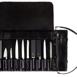 EVERPRIDE Chef Knife Roll Bag Made of Genuine Top Grain Leather – Knife Bag Holds 10 Knives up to 18” PLUS Zippered Compartment for Cooking Accessories – Knives Not Included