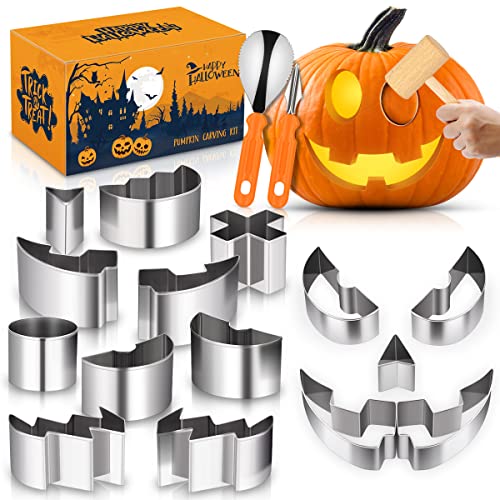 Jyusmile Pumpkin Carving Kit, 13 PCS Pumpkin Carving Tools with Hammer, DIY Pumpkin Carving Stencils for Kids Adults, Safe Stainless Steel Pumpkin Cutters Halloween Party Decorations