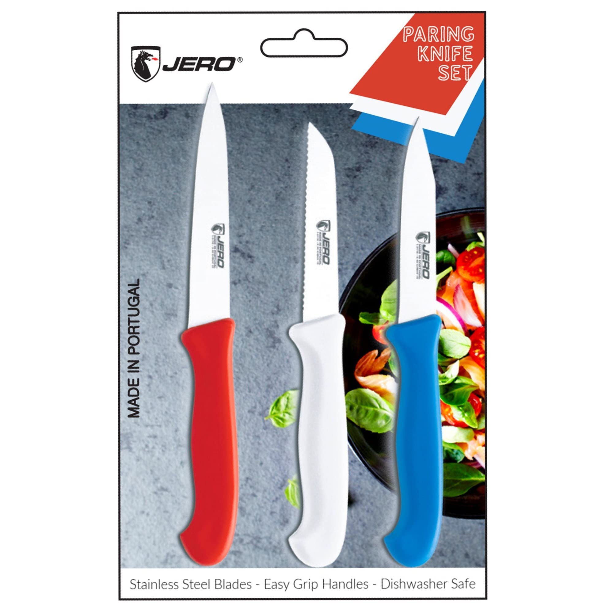 JERO 3-Piece Professional Paring Knife Set In Retail Pack - Spear Point Paring, Clip Point Paring And Serrated Paring Knife - Made In Portugal