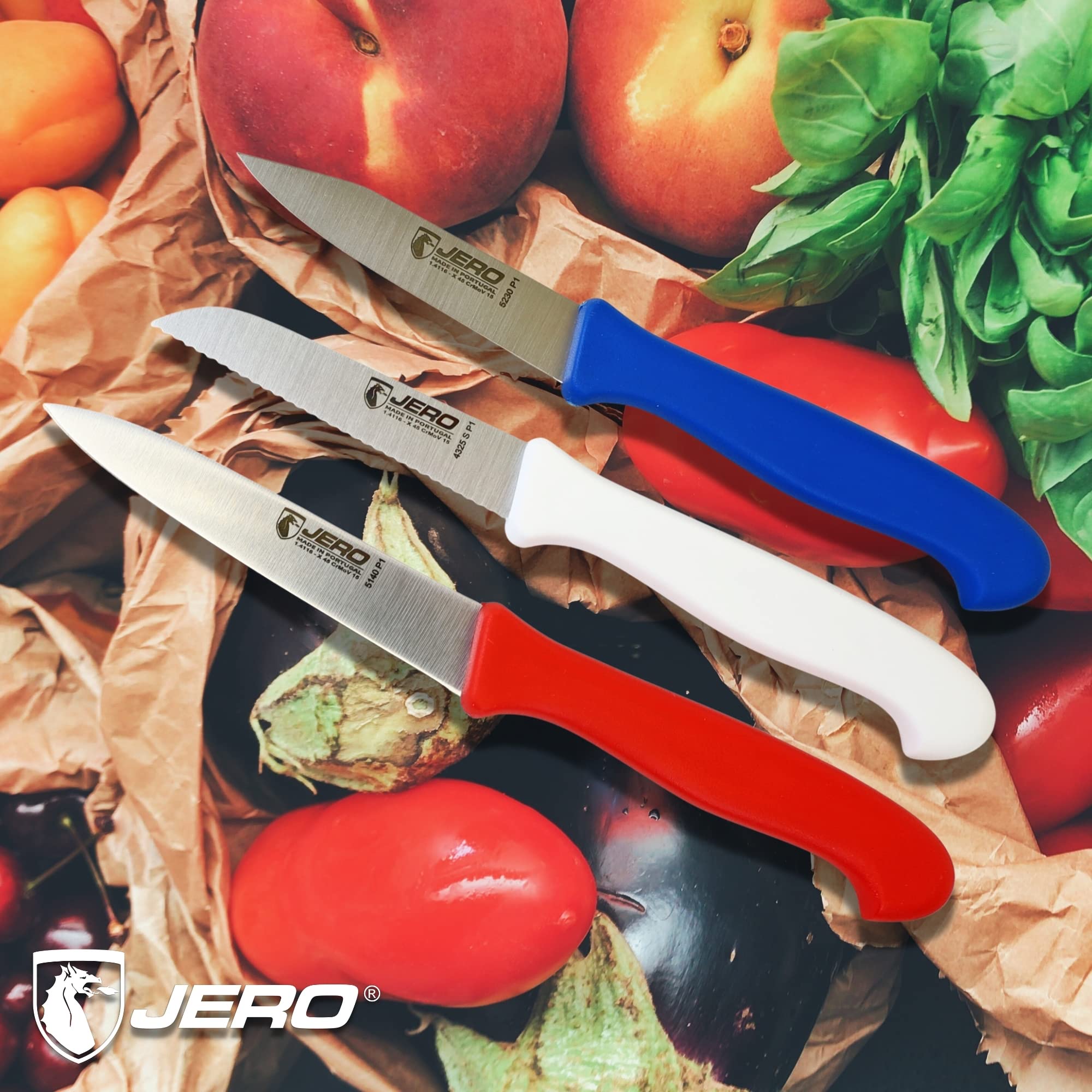 JERO 3-Piece Professional Paring Knife Set In Retail Pack - Spear Point Paring, Clip Point Paring And Serrated Paring Knife - Made In Portugal