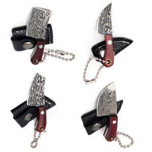 pletpet 4 pieces mini damascus pocket knife set, tiny kitchen chef knife set portable small keychain pocket knife cleaver for package opener box cutter letter opener