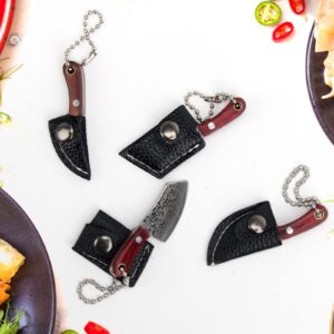 Pletpet 4 Pieces Mini Damascus Pocket Knife Set, Tiny Kitchen Chef Knife Set Portable Small Keychain Pocket Knife Cleaver for Package Opener Box Cutter Letter Opener