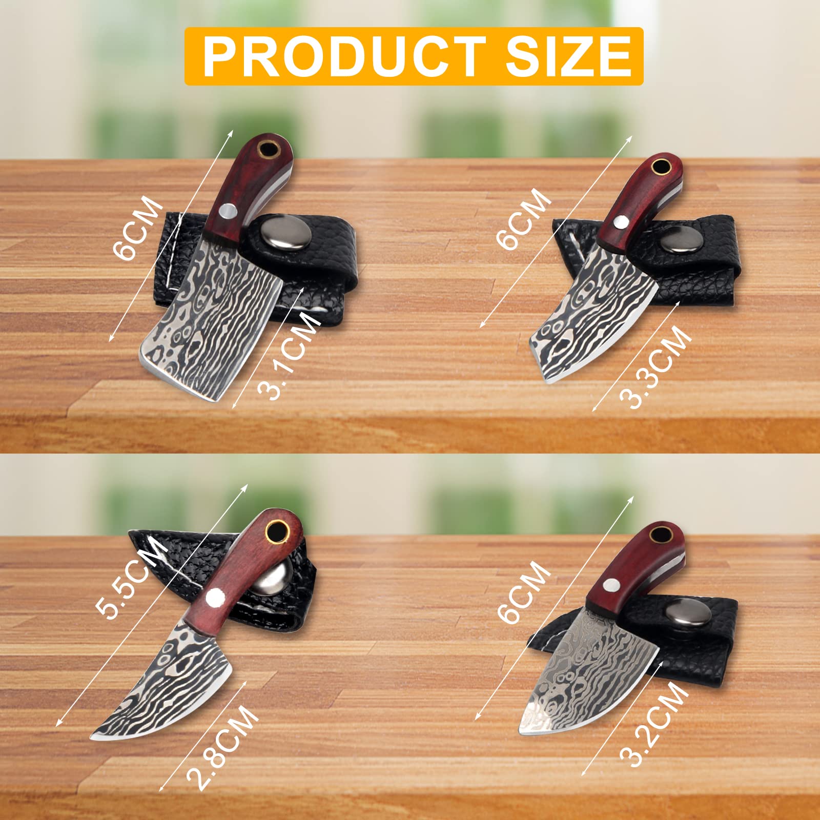 Pletpet 4 Pieces Mini Damascus Pocket Knife Set, Tiny Kitchen Chef Knife Set Portable Small Keychain Pocket Knife Cleaver for Package Opener Box Cutter Letter Opener