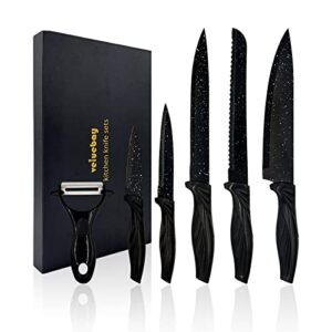 veluebay kitchen knife set, professional stainless steel chef knives with ceramic peeler and gift box, black cooking knives for slicing, bread, utility, paring (6 pcs)