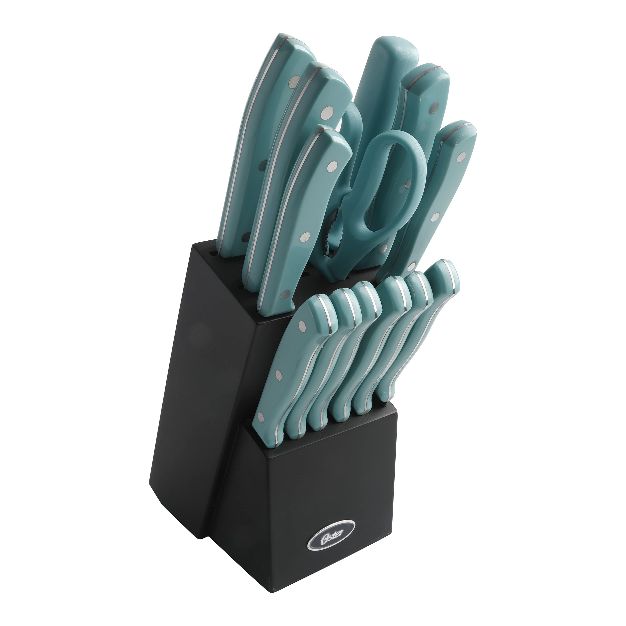 Oster Evansville 14 Pc Stainless Steel Kitchen Knife Cutlery Set W/Turquoise Handles & Black Rubberwood Block