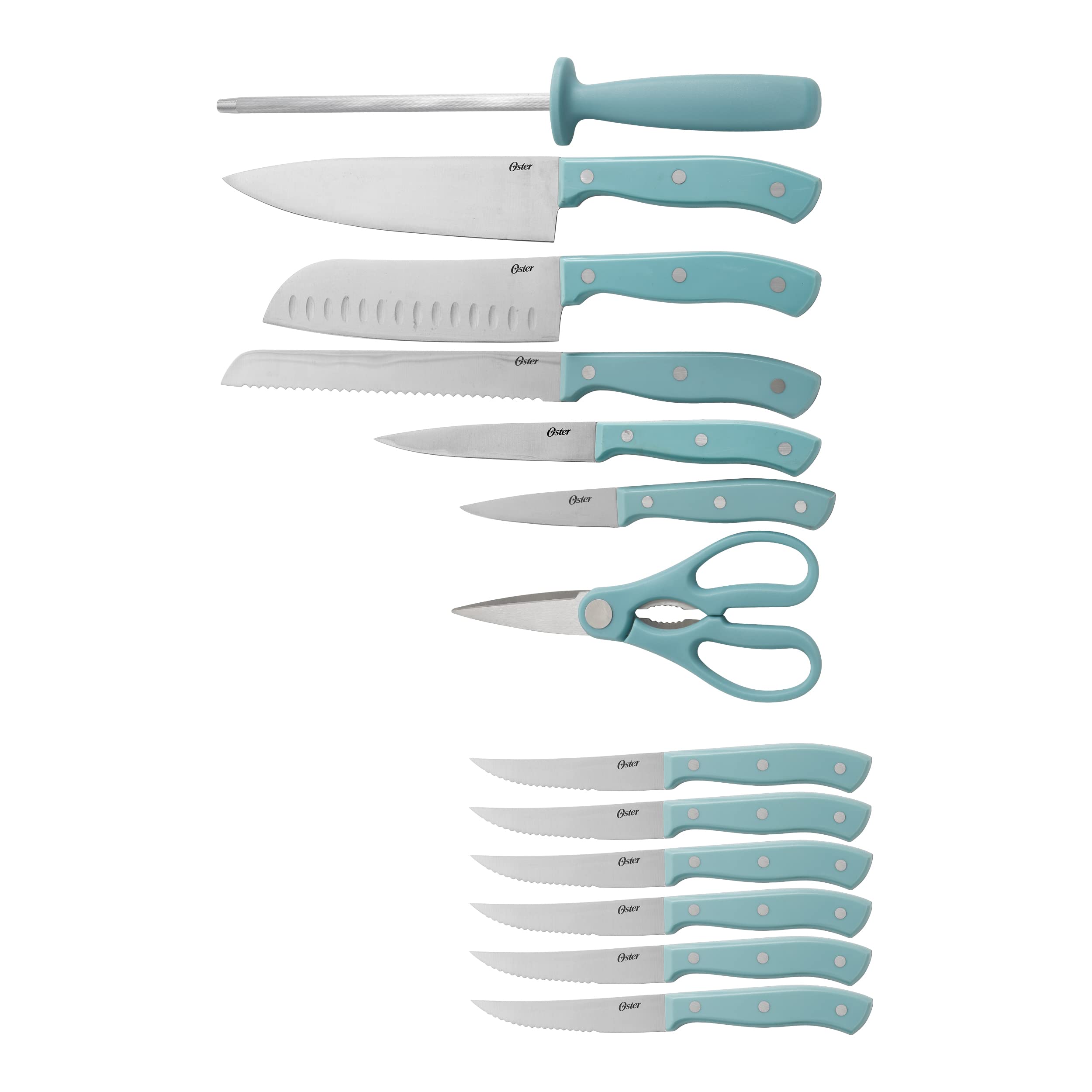 Oster Evansville 14 Pc Stainless Steel Kitchen Knife Cutlery Set W/Turquoise Handles & Black Rubberwood Block