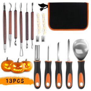 samyoung pumpkin carving kit tools, 13 piece heavy duty stainless steel pumpkin carving set with light strips, pumpkin cutting supplies tools kit with carrying case