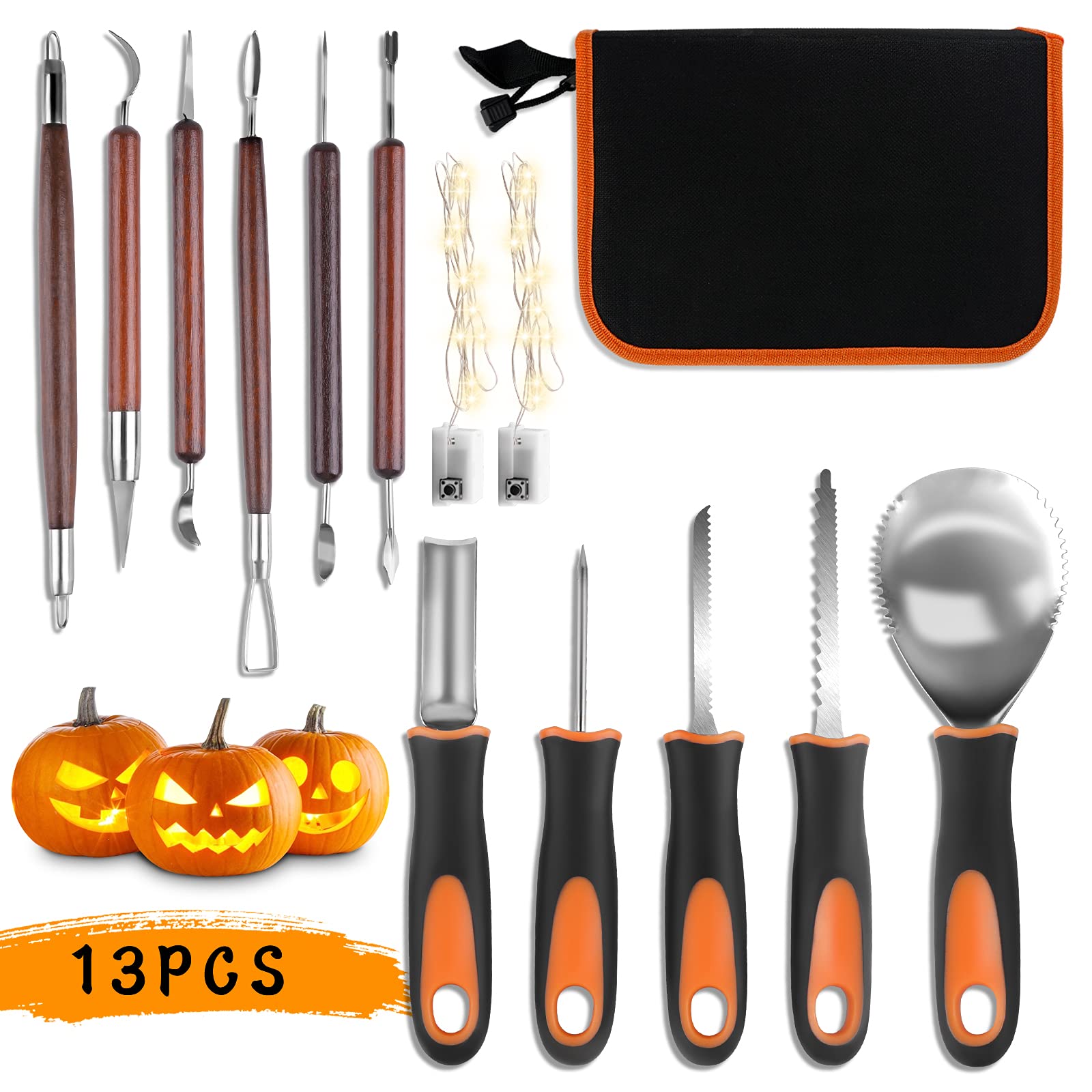 Samyoung Pumpkin Carving Kit Tools, 13 Piece Heavy Duty Stainless Steel Pumpkin Carving Set with Light Strips, Pumpkin Cutting Supplies Tools Kit with Carrying Case