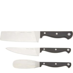 emeril 3-piece specialty cutlery kitchen knife set (6.5" nakiri, 5.5" prep, & 4.75" spreader knives) (black)