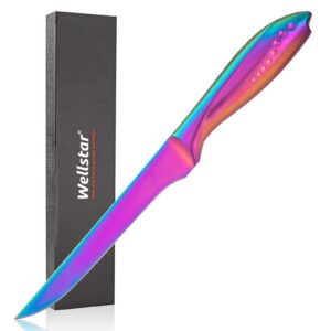 wellstar boning knife 6 inch, razor sharp german steel fillet knife for trimming brisket/rib/steak/meat, deboning chicken, processing fish/game meat, rainbow titanium coating, strong durable handle