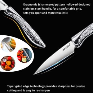 dearithe Paring Knife 3.5 Inch with Sheath, Hammered Pattern Hollowed Handle, High Carbon Stainless Steel Taper Grind Edge Technology, Peeling Knife Fruit Knife, Dishwasher Safe