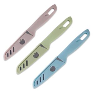 kocpudu paring knife,3 pieces sharp and durable fruit knife, with protective cover,fruit knife small of exquisite appearance,suitable for most types of vegetables and fruits (pink, blue, green)