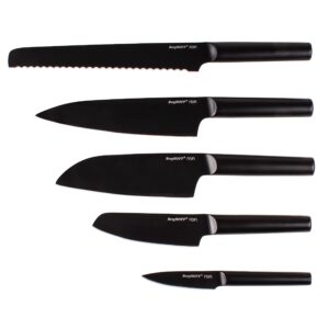 BergHOFF Ron 5Pc Non-stick Kitchen Knife And Wood Block Ergonomically Designed Handle Double-coated Titanium Sharp & Well Balanced Seamless Transition