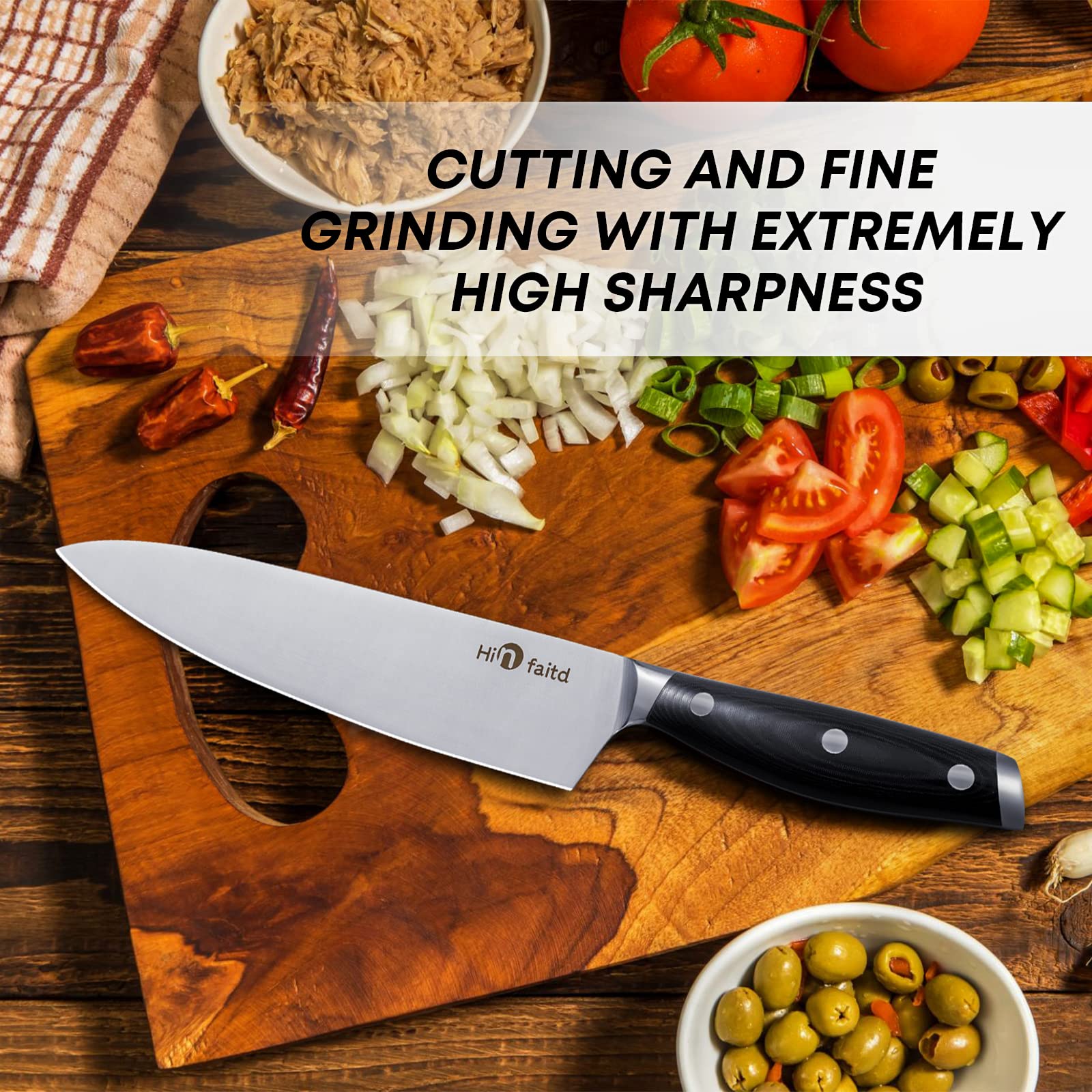 Hinfaitd Chef Knife Premium 7CR17MoV High Carbon Stainless Steel Ultra Sharp Knife, 8 Inch Professional Kitchen Knife, Chefs Knives with Ergonomic Handle