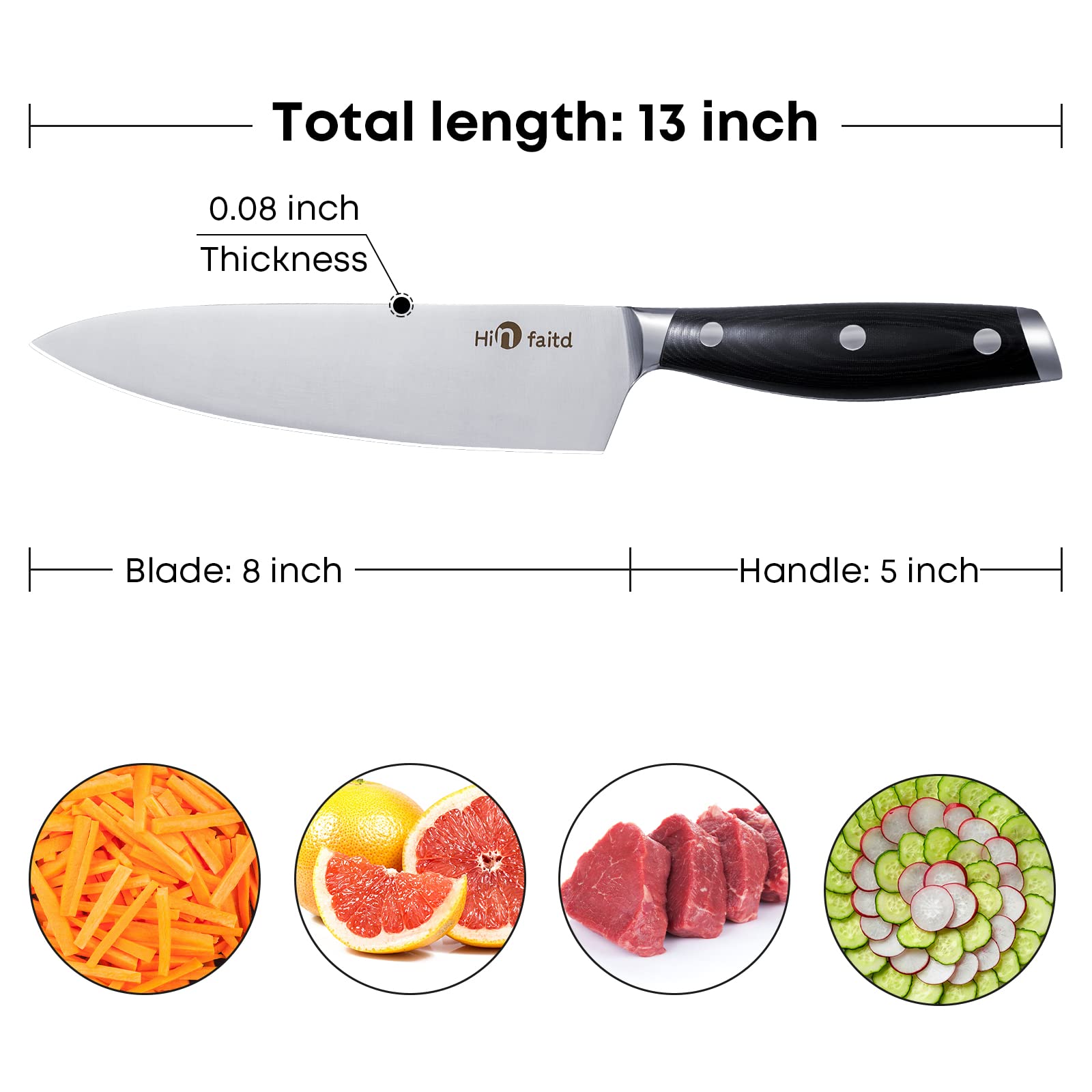 Hinfaitd Chef Knife Premium 7CR17MoV High Carbon Stainless Steel Ultra Sharp Knife, 8 Inch Professional Kitchen Knife, Chefs Knives with Ergonomic Handle