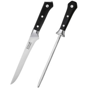 cutluxe boning knife & sharpening knife rod– forged high carbon german steel – full tang & razor sharp – ergonomic handle design – artisan series