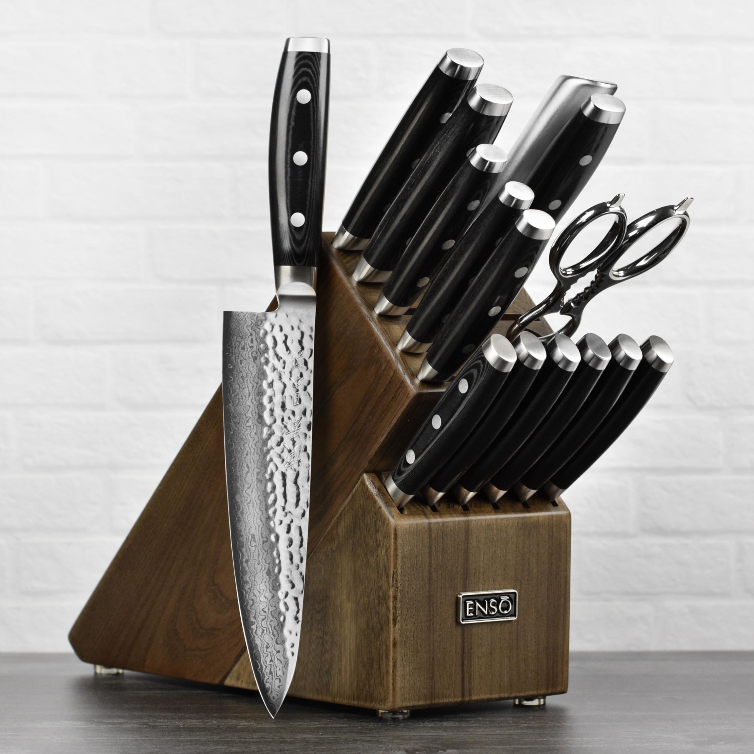 Enso HD 16 Piece Knife Set - Made in Japan - VG10 Hammered Damascus Stainless Steel with Dark Ash Block