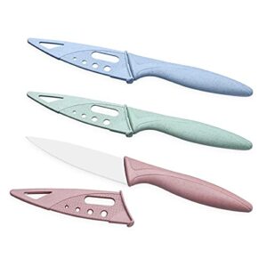 kocpudu fruit knife small, 3 sharp and durable fruit knife, exquisite and beautiful, with scabbard, paring knife is suitable for most vegetables, fruits and meat (pink, blue, green)