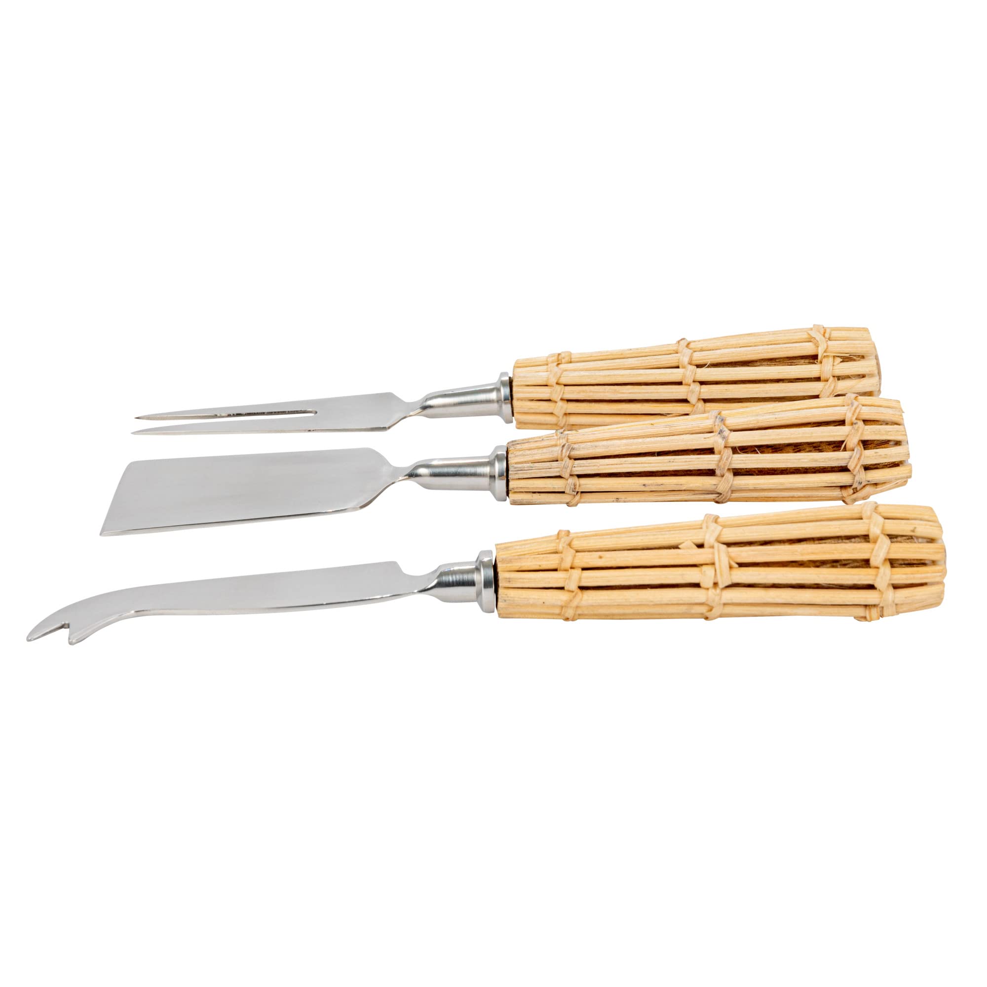 Creative Co-Op Stainless Steel Charcuterie Rattan Wrapped Handles, Set of 3 Styles Cheese Knives, Natural