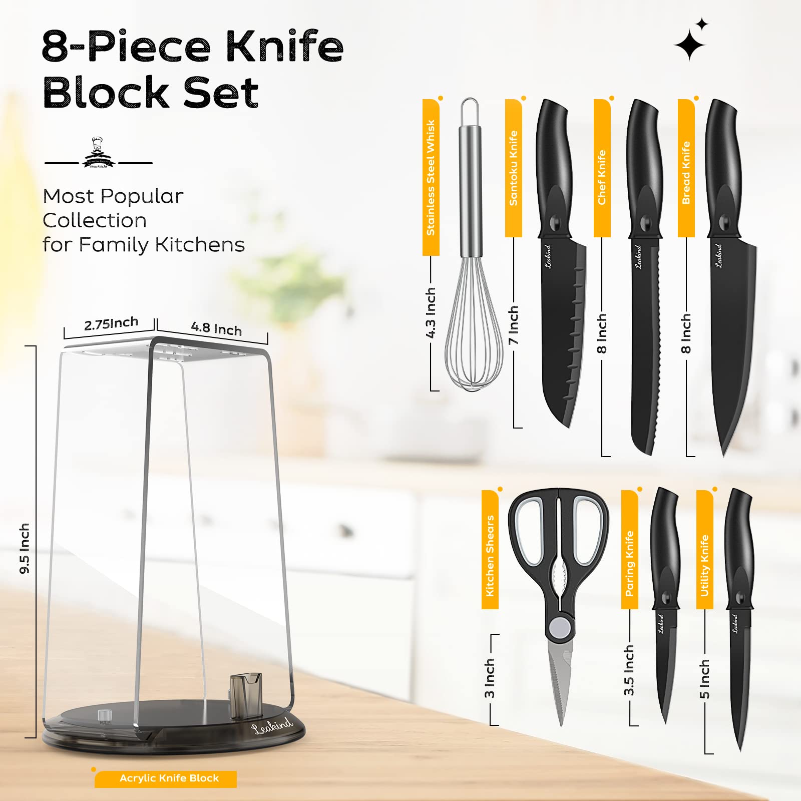 Kitchen Knife Set with Block, 8 Pieces Chef Knife Sets for Kitchen with Block, Knives, Scissor for Meat/Vegetables/Fruits Chopping, Slicing, Dicing&Cutting