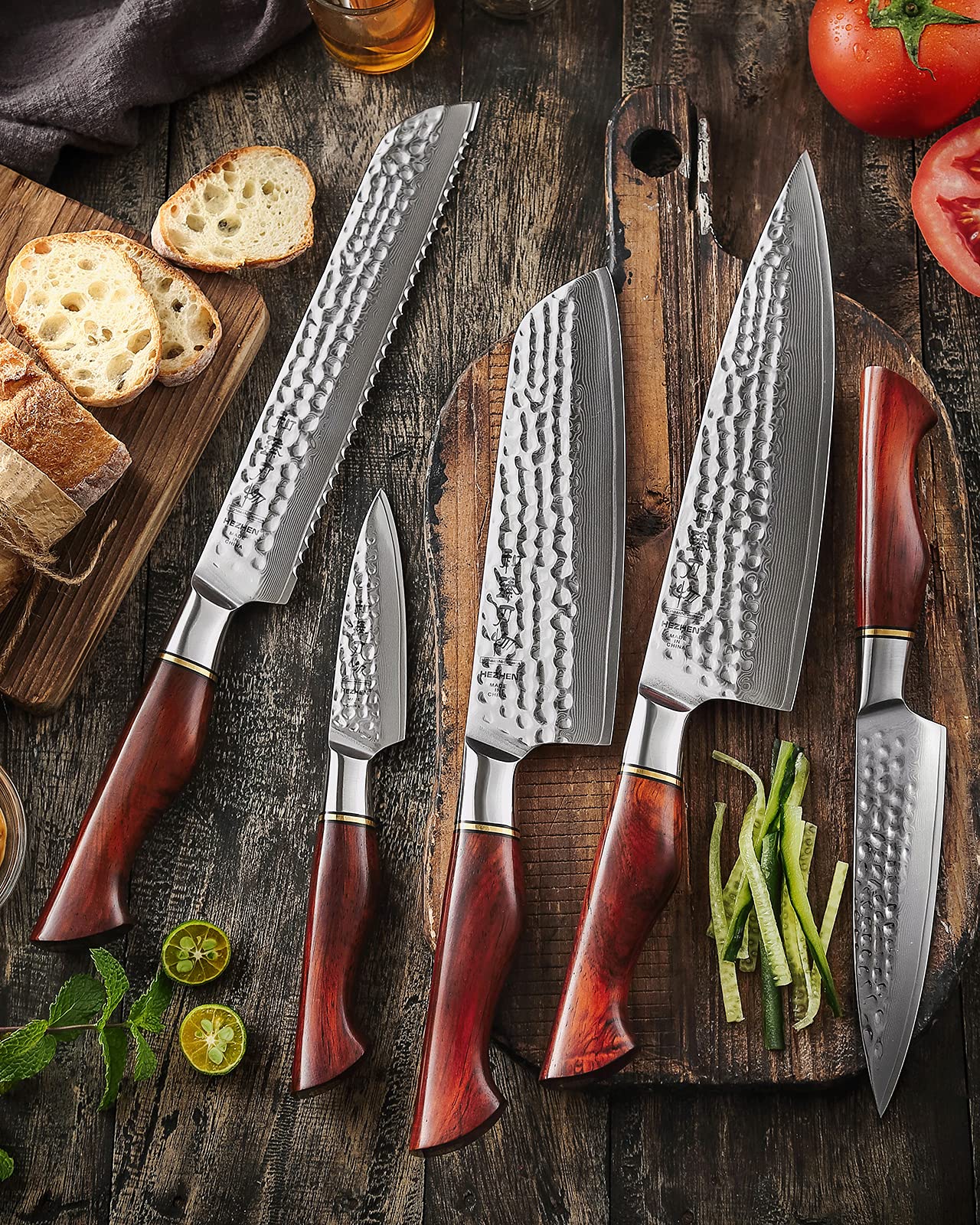 HEZHEN Damascus Knife Set 5PCS,Premium Powder Steel Forged Hammered Pattern, Rosewood Handle, Home Cooking Kitchen Knives