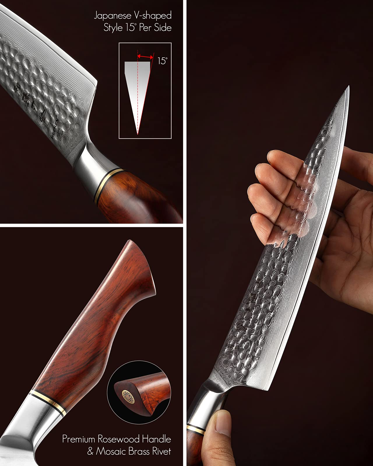 HEZHEN Damascus Knife Set 5PCS,Premium Powder Steel Forged Hammered Pattern, Rosewood Handle, Home Cooking Kitchen Knives