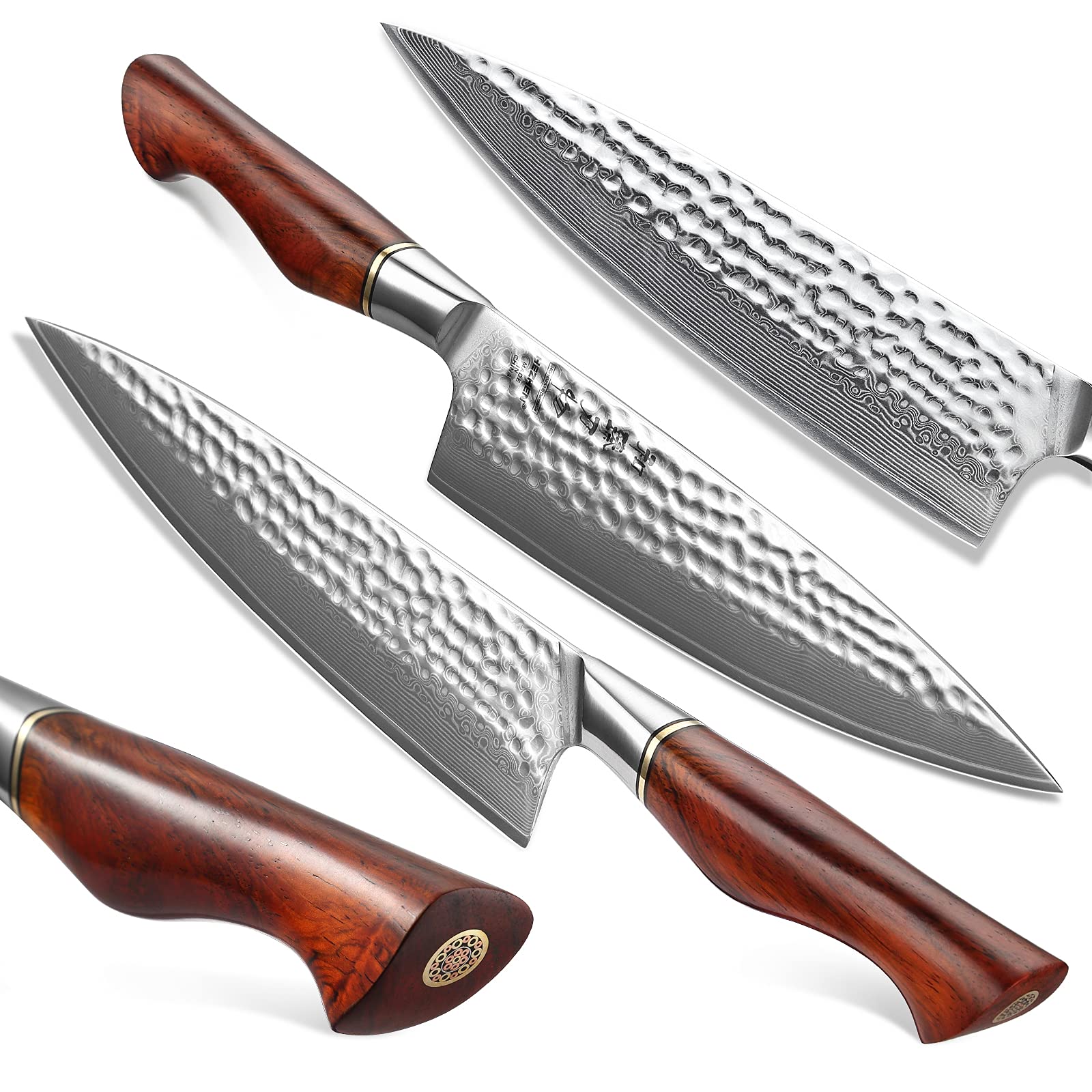 HEZHEN Damascus Knife Set 5PCS,Premium Powder Steel Forged Hammered Pattern, Rosewood Handle, Home Cooking Kitchen Knives