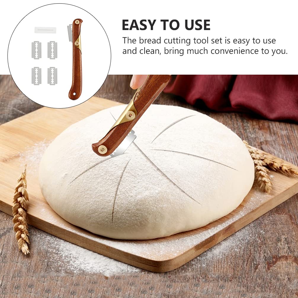 DOITOOL Bread Lame with Wooden Handle, Bread Scoring Tool with 4 Blades, Bread Bakers Lame Slashing Tool, Bread Slicer Cake Cutter, Sourdough Bread Lame Knife with Plastic Cover