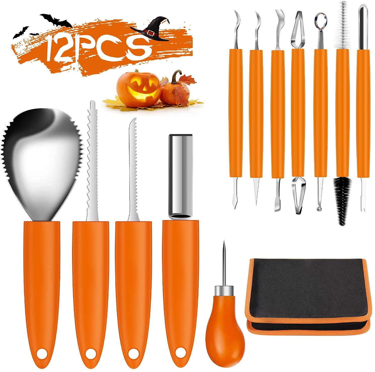 Halloween Pumpkin Carving Kit,12 Piece Professional Pumpkin Cutting Carving Supplies Tools for Adults Stainless Steel Lengthening And Thickening With Handbag,Pumpkin Sculpting Set