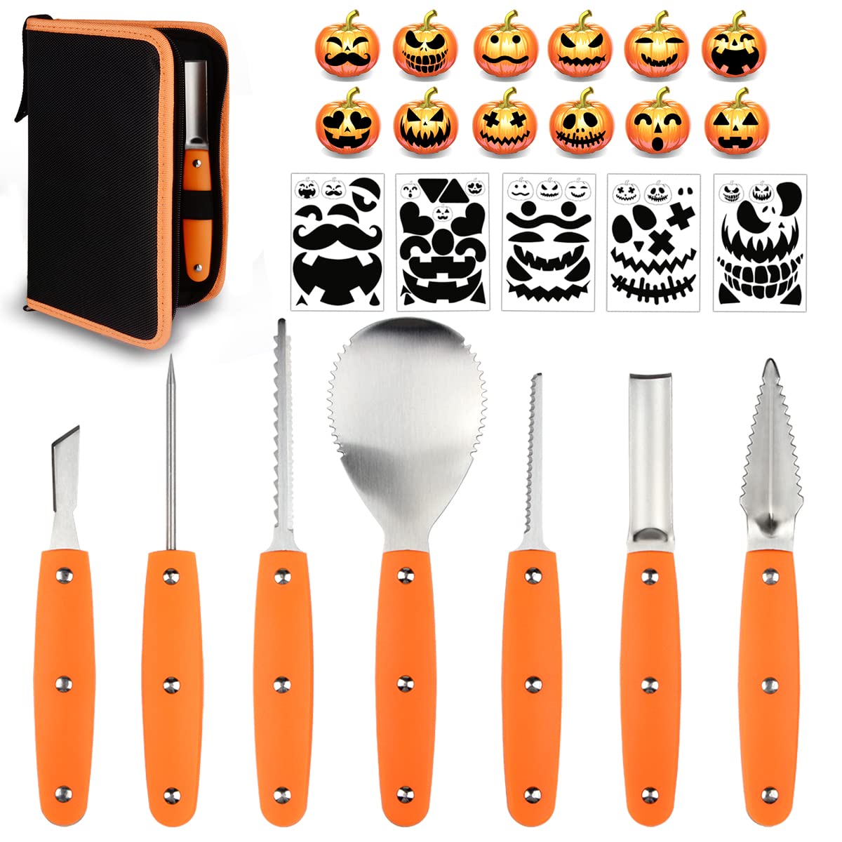 Halloween Pumpkin Carving Knives, Professional Heavy Duty Stainless Steel Punkin Carver Kit Tools with Carrying Case (7 piece set)