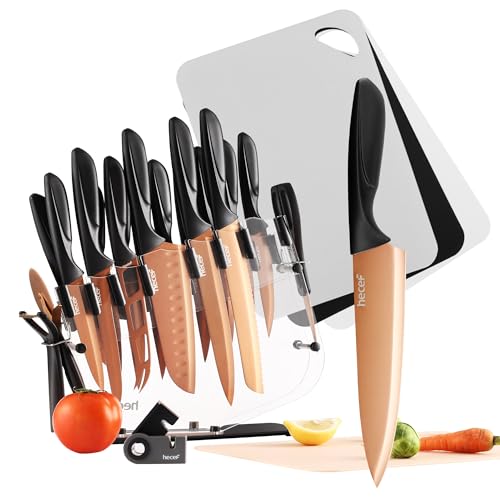 hecef 25 PCS Rose Gold Titanium Plated Kitchen Knife Set with Block and Cutting Mats, Cutlery Knife Set with Sharp Serrated Steak Knives, Boning Knife, Scissors, Sharpener, Peeler and Acrylic Stand