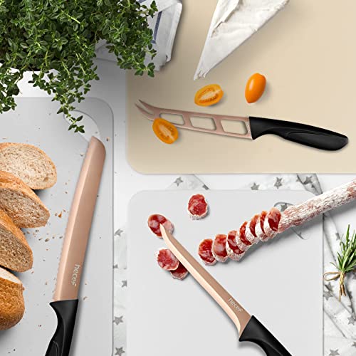 hecef 25 PCS Rose Gold Titanium Plated Kitchen Knife Set with Block and Cutting Mats, Cutlery Knife Set with Sharp Serrated Steak Knives, Boning Knife, Scissors, Sharpener, Peeler and Acrylic Stand