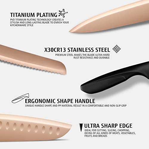 hecef 25 PCS Rose Gold Titanium Plated Kitchen Knife Set with Block and Cutting Mats, Cutlery Knife Set with Sharp Serrated Steak Knives, Boning Knife, Scissors, Sharpener, Peeler and Acrylic Stand