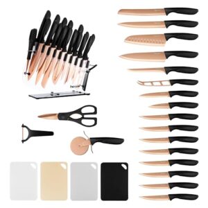 hecef 25 PCS Rose Gold Titanium Plated Kitchen Knife Set with Block and Cutting Mats, Cutlery Knife Set with Sharp Serrated Steak Knives, Boning Knife, Scissors, Sharpener, Peeler and Acrylic Stand