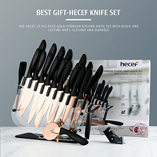 hecef 25 PCS Rose Gold Titanium Plated Kitchen Knife Set with Block and Cutting Mats, Cutlery Knife Set with Sharp Serrated Steak Knives, Boning Knife, Scissors, Sharpener, Peeler and Acrylic Stand