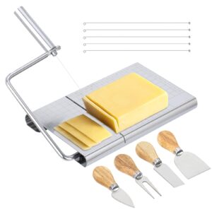 ingcebo stainless steel cheese cutting board with wire cutter, cheese slicer cutter with 4 cheese knives set and 5 replacement wires for cutting cheese