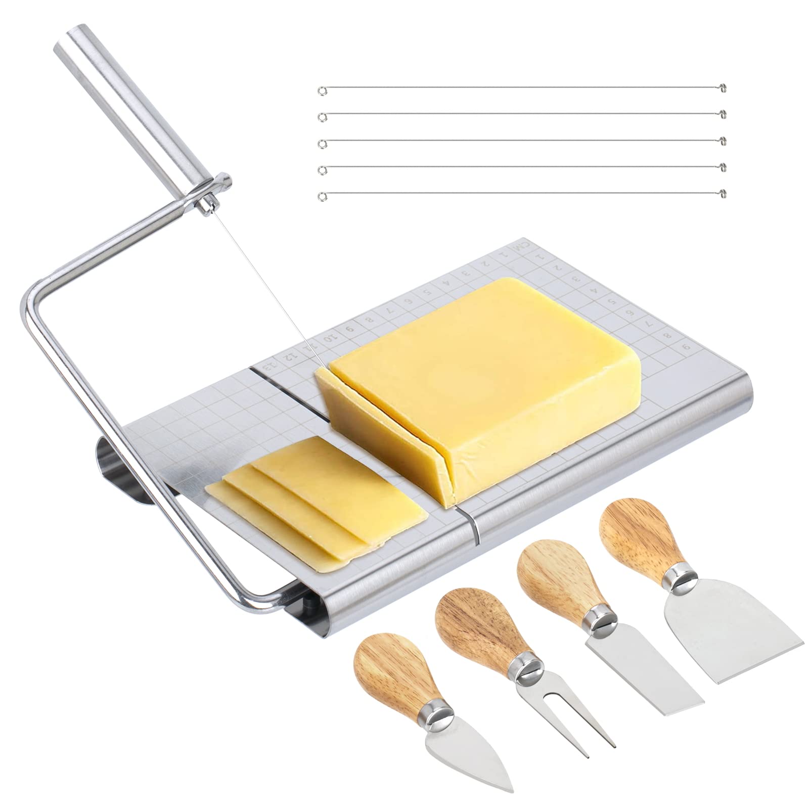 Ingcebo Stainless Steel Cheese Cutting Board with Wire Cutter, Cheese Slicer Cutter with 4 Cheese Knives Set and 5 Replacement Wires for Cutting Cheese