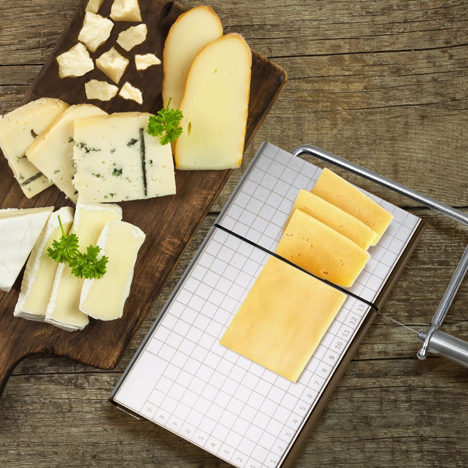 Ingcebo Stainless Steel Cheese Cutting Board with Wire Cutter, Cheese Slicer Cutter with 4 Cheese Knives Set and 5 Replacement Wires for Cutting Cheese