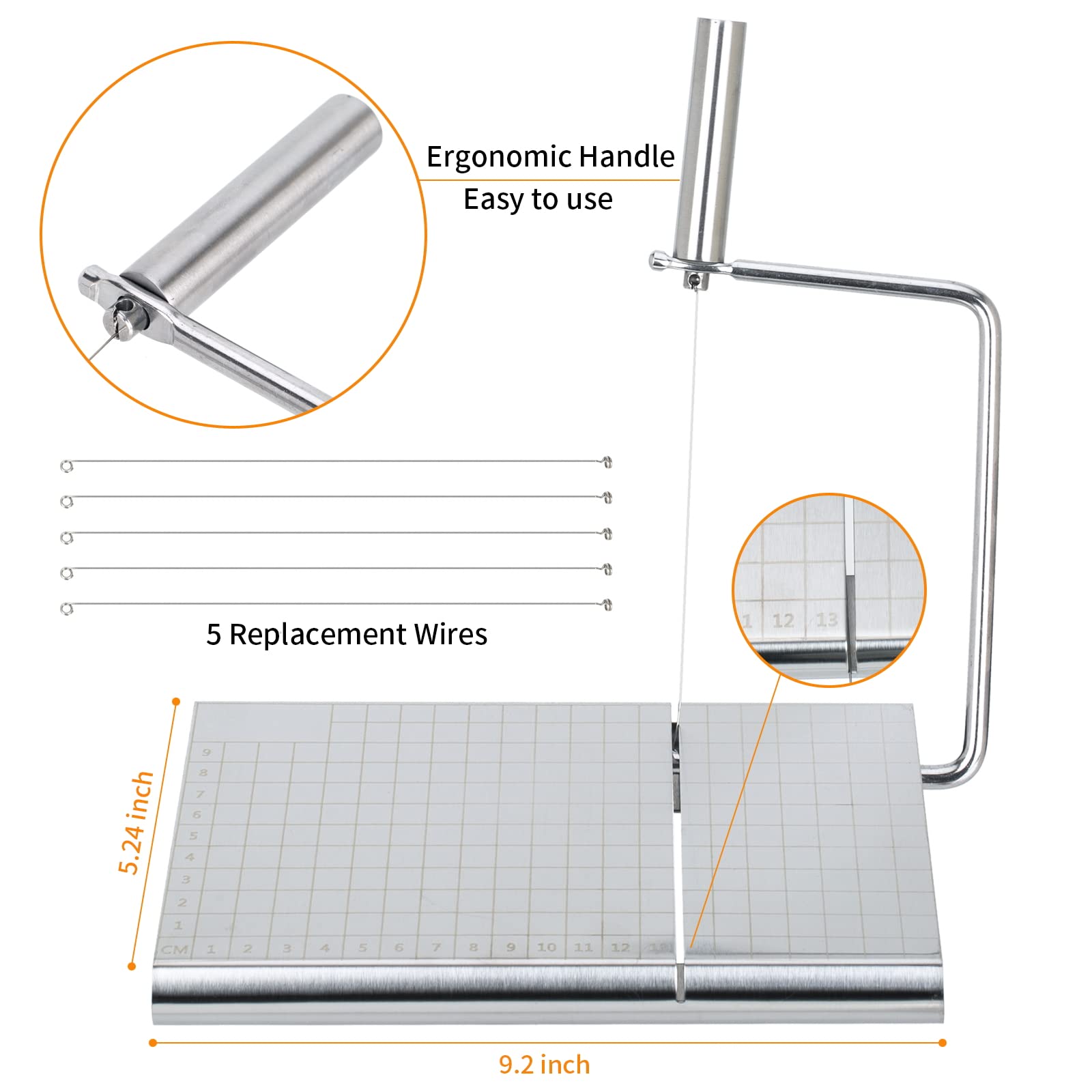 Ingcebo Stainless Steel Cheese Cutting Board with Wire Cutter, Cheese Slicer Cutter with 4 Cheese Knives Set and 5 Replacement Wires for Cutting Cheese