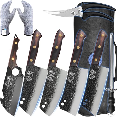 XYJ Authentic Since 1986, Forged Kitchen Knife Set, High Carbon Steel Cleavers, 5pcs Knives Set With Roll Bag, Bone Scissors, Honing Steel, Mini Knife, Sharp For Chopping Meat Vegetables