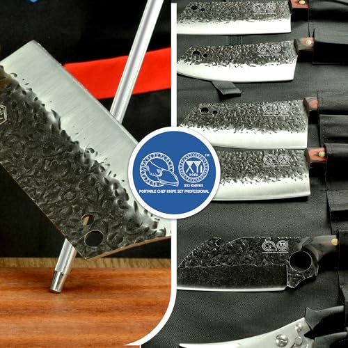 XYJ Authentic Since 1986, Forged Kitchen Knife Set, High Carbon Steel Cleavers, 5pcs Knives Set With Roll Bag, Bone Scissors, Honing Steel, Mini Knife, Sharp For Chopping Meat Vegetables