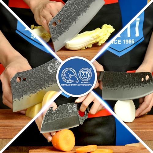 XYJ Authentic Since 1986, Forged Kitchen Knife Set, High Carbon Steel Cleavers, 5pcs Knives Set With Roll Bag, Bone Scissors, Honing Steel, Mini Knife, Sharp For Chopping Meat Vegetables