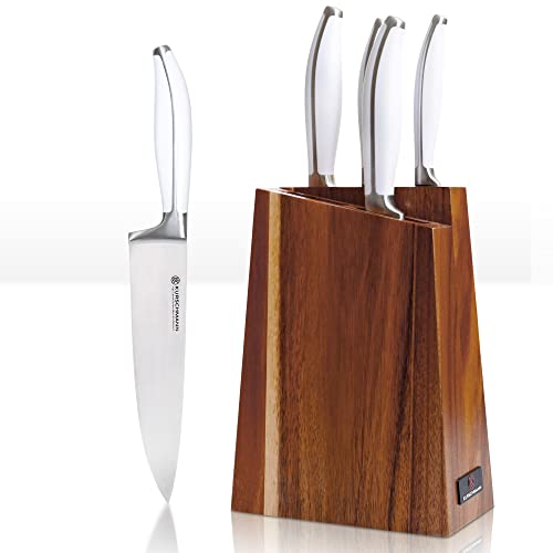 Kurschmann 6-Piece Chef Knife Set with Block-White Knife Set & Small Knife Block with Gyoto, Santoku, Bread, Paring & Utility Knife-High-Carbon Steel & Sustainable Acacia Kitchen Knife Set