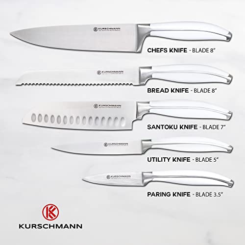 Kurschmann 6-Piece Chef Knife Set with Block-White Knife Set & Small Knife Block with Gyoto, Santoku, Bread, Paring & Utility Knife-High-Carbon Steel & Sustainable Acacia Kitchen Knife Set