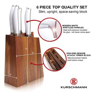 Kurschmann 6-Piece Chef Knife Set with Block-White Knife Set & Small Knife Block with Gyoto, Santoku, Bread, Paring & Utility Knife-High-Carbon Steel & Sustainable Acacia Kitchen Knife Set