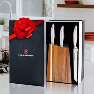 Kurschmann 6-Piece Chef Knife Set with Block-White Knife Set & Small Knife Block with Gyoto, Santoku, Bread, Paring & Utility Knife-High-Carbon Steel & Sustainable Acacia Kitchen Knife Set