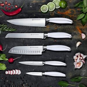 Kurschmann 6-Piece Chef Knife Set with Block-White Knife Set & Small Knife Block with Gyoto, Santoku, Bread, Paring & Utility Knife-High-Carbon Steel & Sustainable Acacia Kitchen Knife Set