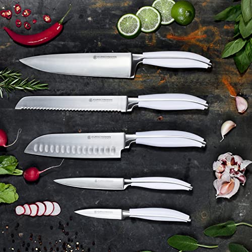 Kurschmann 6-Piece Chef Knife Set with Block-White Knife Set & Small Knife Block with Gyoto, Santoku, Bread, Paring & Utility Knife-High-Carbon Steel & Sustainable Acacia Kitchen Knife Set